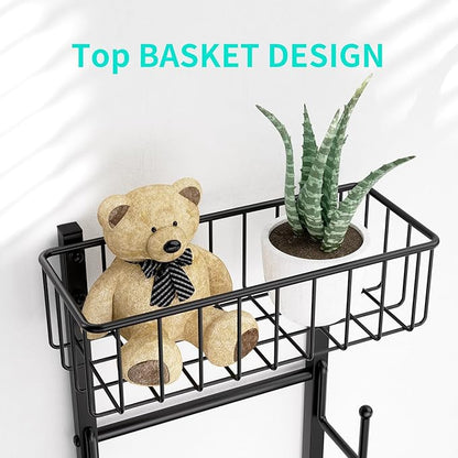 HapiRm Over Door Hat Rack - Wall Mounted Hat Organizer with 6 Hooks and Metal Basket Design, Baseball Cap Organizer Storage Holder Up to 32 Caps for Door, Bedroom, Closet (Black)