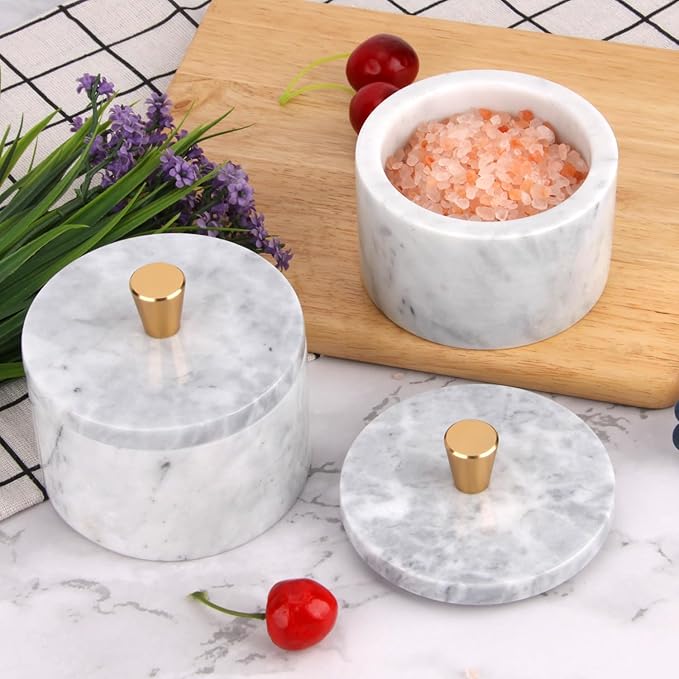 Marble Salt Cellar with Lid, 4 inch Natural Stone Salt Pepper Box, Alloy Lid for Kitchen Countertop Storage (White Grey, 4 * 3.5)