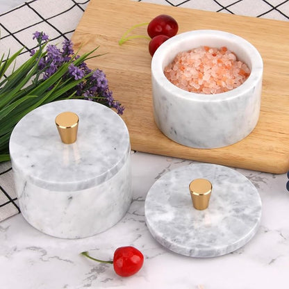 Marble Salt Cellar with Lid, 4 inch Natural Stone Salt Pepper Box, Alloy Lid for Kitchen Countertop Storage (White Grey, 4 * 3.5)