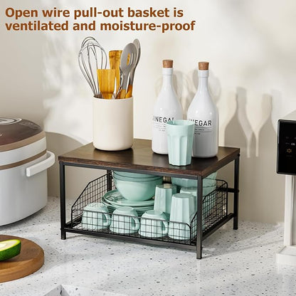 KLM Pull Out Spice Rack Organizer for Cabinet,Rustic Wood Top with Wire Basket Storage,Kitchen Countertop Organizer and Storage for Pantry, Counter top,Coffee Station Wood. (Brown)