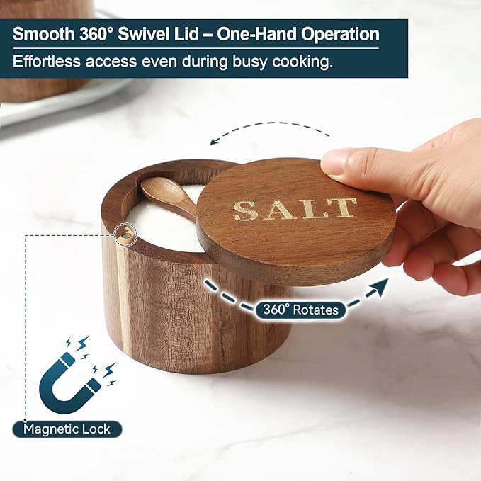 Timtopno Salt Cellar, Acacia Wood Salt Container with Built-in Spoon & Swivel Lid, Engraved SALT Box, Salt Holder Bowl for Countertop Seasoning Storage