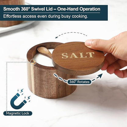 Timtopno Salt Cellar, Acacia Wood Salt Container with Built-in Spoon & Swivel Lid, Engraved SALT Box, Salt Holder Bowl for Countertop Seasoning Storage