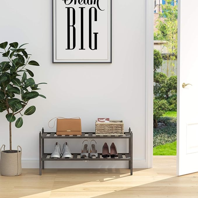 Dranixly Bamboo 2-Tier Shoe Rack Stackable Shelf Storage Organizer for Entryway, Hallway and Closet, 27.2"x11"x13.2" (Mocha)