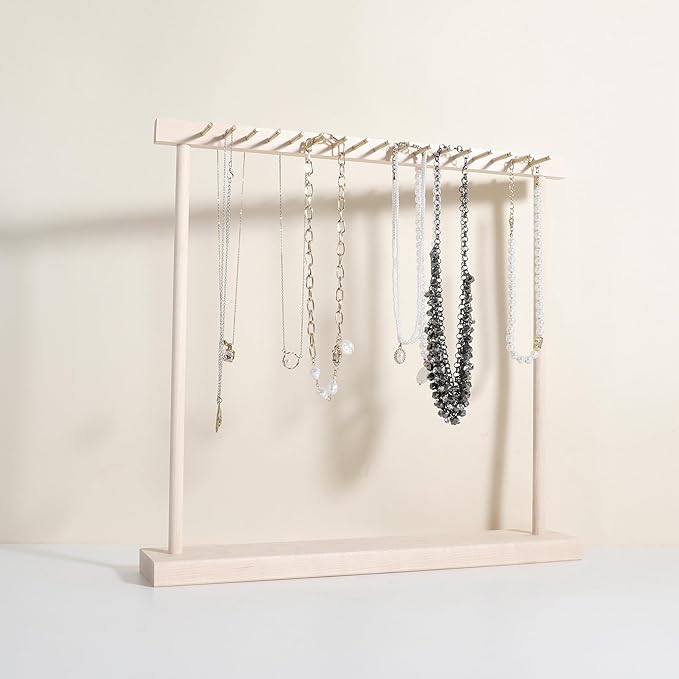 Large necklace hanger shelf with 17 copper bars, Wooden jewelry storage organizer rack for hanger necklace bracelet, necklace display stand for boutique store【Marple】
