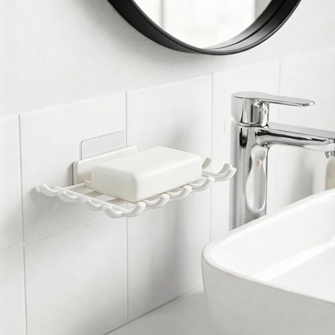Bar Soap Holder for Shower Wall, Self Draining Plastic Bar Soap Dish Tray Container Case for Bathroom Sink, Adhesive Shower Soap Dish Holder Wall Mounted, White 2 Pack