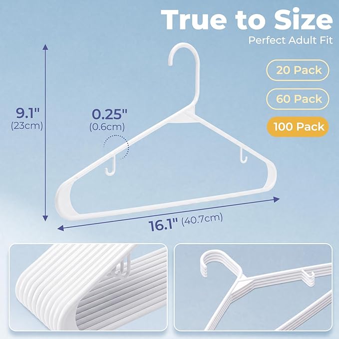 HOUSE DAY White Plastic Hangers 100 Pack, Plastic Clothes Hangers with Built-in Hooks, Durable and Strong Coat Hangers for Closet, Space Saving Clothing Hanger for Shirts, Coats, Skirt, Dress