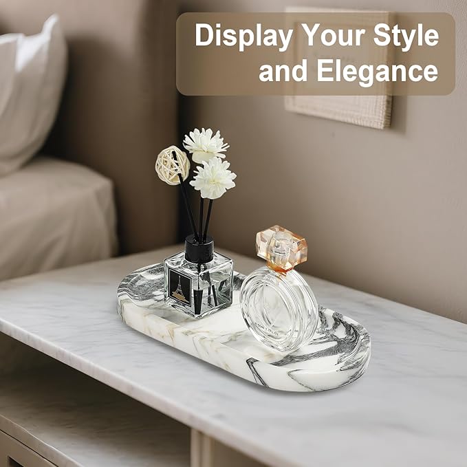 Natural Marble Vanity Tray - Moujings Genuine Marble Perfume Tray for Bathroom Decor, Stone Bathroom Vanity Organizer Tray for Kitchen Counter, Candles, Jewelry, Coffee, Makeup, Key