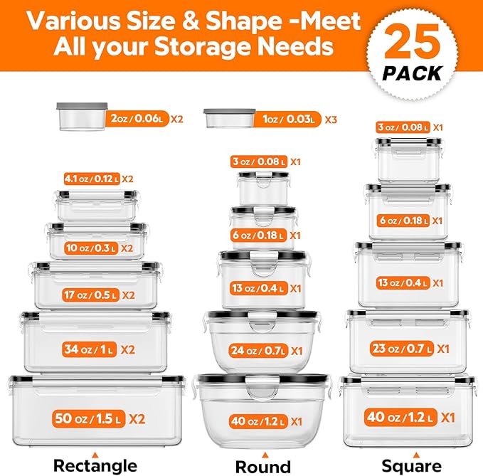 50 PCS Food Storage Containers with Lids (25 Containers & 25 Lids) - Reusable Plastic Food Containers for Kitchen Storage and Organization BPA-Free Leakproof Meal Prep Container with Labels & Pen