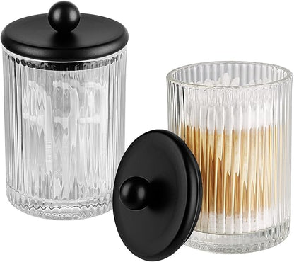 3Pack Glass Qtip Holder Dispenser Set - Bathroom Canister Storage Organizer for Cotton Balls, Swabs, Floss Picks, and Makeup Sponges with Matte Black Metal Lid - Clear Vanity Apothecary Jars