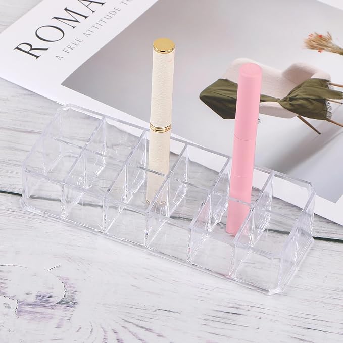 12-Slot Acrylic Lipstick Organizer Case, Transparent Clear Cosmetic Makeup Organizer Display Rack Holder for Lipstick Brushes Bottles Storage, 1 Pack