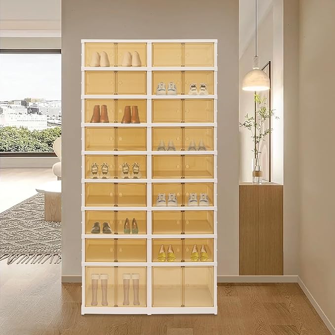 9 Tier Foldable Shoe Rack, Portable 36 Pairs Shoe Organizer, Collapsible Plastic Shoe Storage Cabinet, Clear Shoes Storage Shelf with Door, Stackable Shoes Storage Box for Entryway