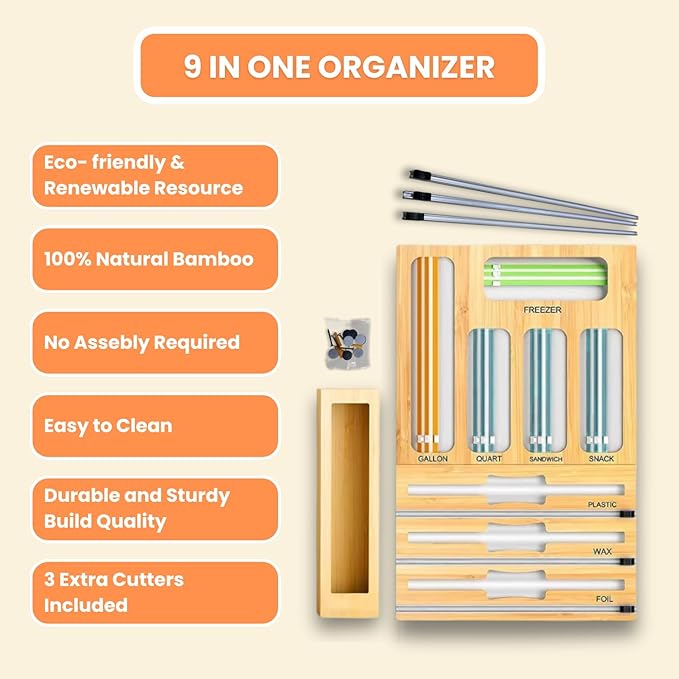Storage Bag Organizer for Kitchen Drawer, Foil and Plastic Wrap with Cutter, Organizers Compatible Gallon, Quart, Sandwich Snack Size 9 in 1