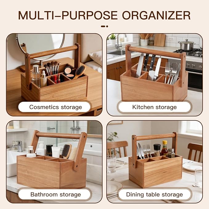 Silverware Caddy with Handle Acacia Paper Plate Holders Wooden Utensil Holder Mulip-Purpose Organizer Picnic Utensil Caddy for Party Home Kitchen Office Bathroom Bedroom RV