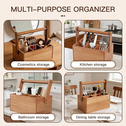 Silverware Caddy with Handle Acacia Paper Plate Holders Wooden Utensil Holder Mulip-Purpose Organizer Picnic Utensil Caddy for Party Home Kitchen Office Bathroom Bedroom RV