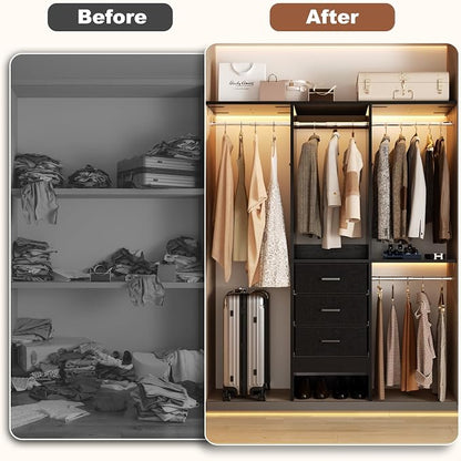 Besiost 4FT Small Closet System with 3 Fabric Drawers, 48'' Closet Organizer System With 3 Adjustable Shelves, Flexible Built-In Clothes Garment Rack for Small Space, 48" L x 13" W x 71" H, Black
