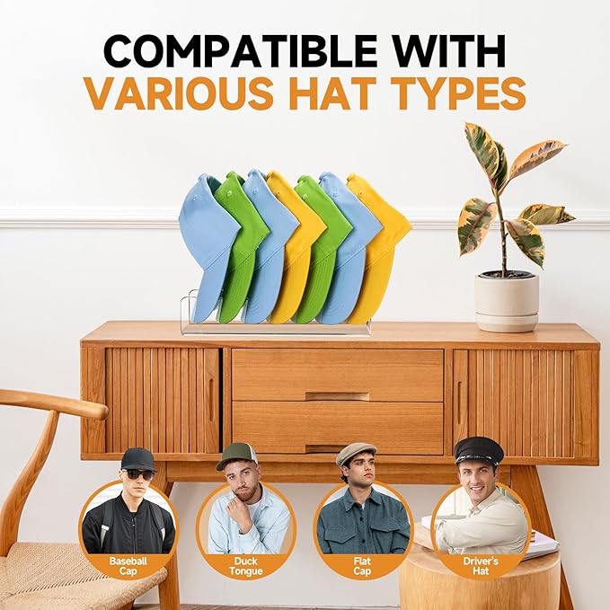 Acrylic Baseball Cap Organizer Rack 2-Pack - Holds 14 Hats, No Install Space Saving Display Stand for Closet, Bedroom, Entryway (Clear)