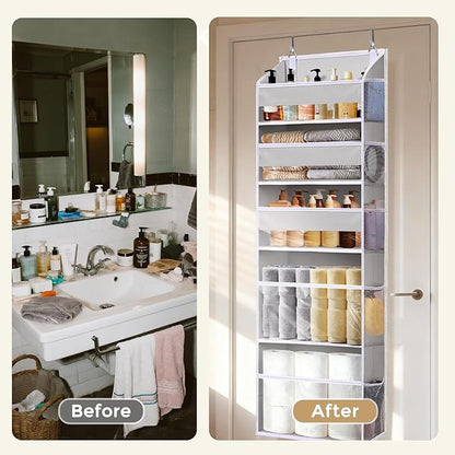 5 Tiers Over Door Organizer with 10 Mesh Side Pockets, 44 lbs Weight Capacity Hanging Storage Organizer with Clear Window Kids Toys, Shoes, Diapers, Light Gray