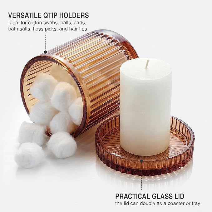 2 Pack Qtip Holder - Apothecary Jars with Lids, Bathroom Organizers and Storage Canister for Cotton Balls,Swabs,Floss Picks,Hair Ties,Clear Glass Vintage Bathroom Decor Jar Set (Brown)