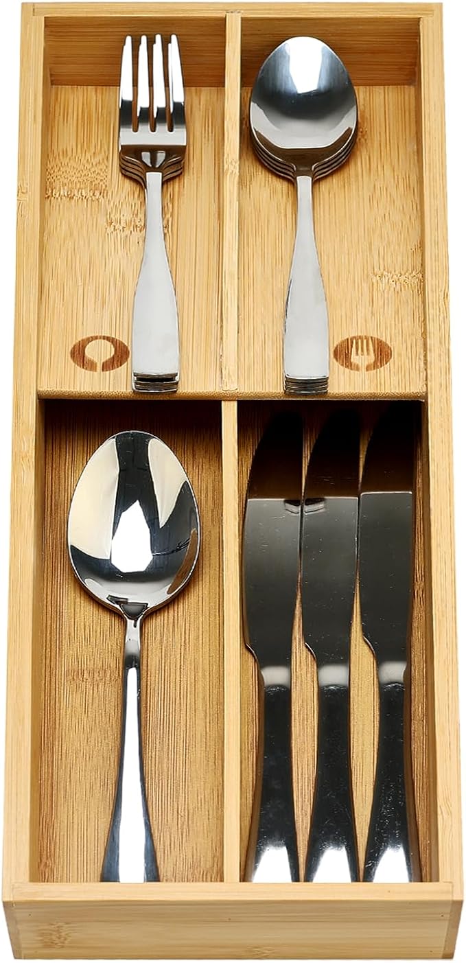 Small Bamboo Silverware Organizer for Drawer Utensil Tray Wood Cutlery Organizer Holder Narrow Flatware Caddy Wooden Kitchen Utensil Cutlery Drawer Skinny Fork and Spoon Silverware Organizer Tray
