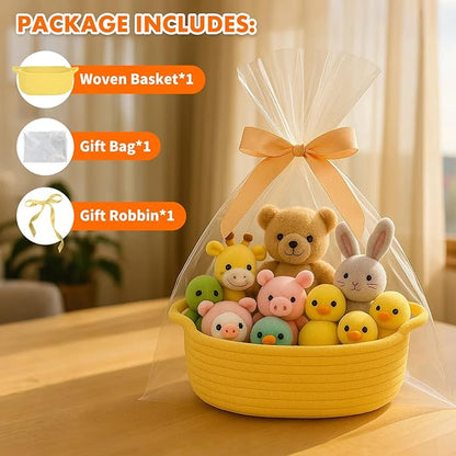 ShellKingdom Storage Basket with Handles, Empty Gift Basket for Christmas with Gift Bags and Ribbon, Small Woven Baskets for Home, Nursery Storage Organizer, 12 X 8 X 5 INCH, Yellow