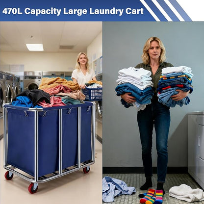 Commercial Laundry Cart with Wheels, 400L Capacity Heavy Duty Large Laundry Basket with Watertight Oxford Bag and Sturdy Steel Frame for Home, Hotel,Hospital,440 lbs(Blue)