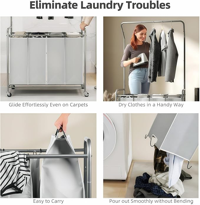 ROMOON Laundry Hamper Sorter Cart: 4 Section Organizer with Hanging Bar and Heavy-duty Lockable Wheels | 180L Rolling Laundry Basket with Clothes Rack in Laundry Room or Small Spaces (Grey)