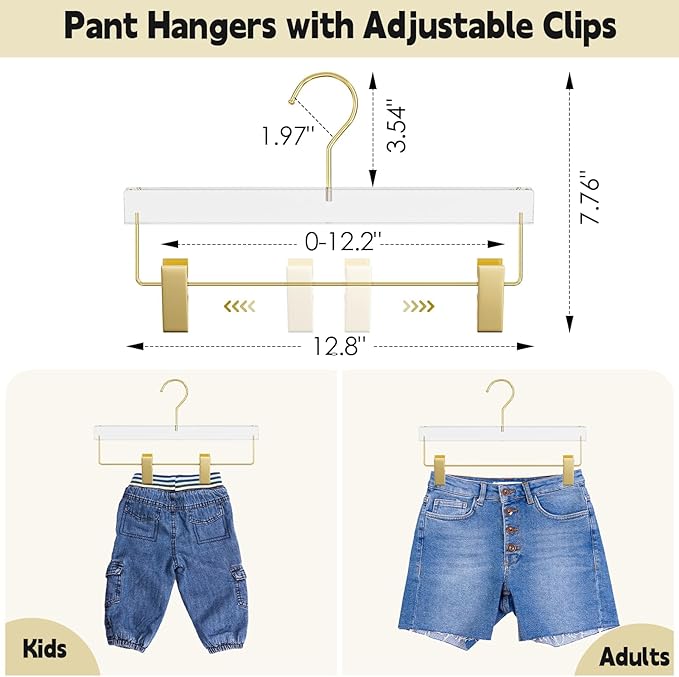 Acrylic Gold Pants Hangers with Adjustable Clips 30 Pack, Non-Slip Skirt Hanger for Women, Heavy Duty Space-Saving Clothes Organizer for Trousers, Coats, Jeans, Adults & Kids