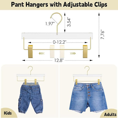 Acrylic Gold Pants Hangers with Adjustable Clips 10 Pack, Non-Slip Skirt Hanger for Women, Heavy Duty Space-Saving Clothes Organizer for Trousers, Coats, Jeans, Adults & Kids
