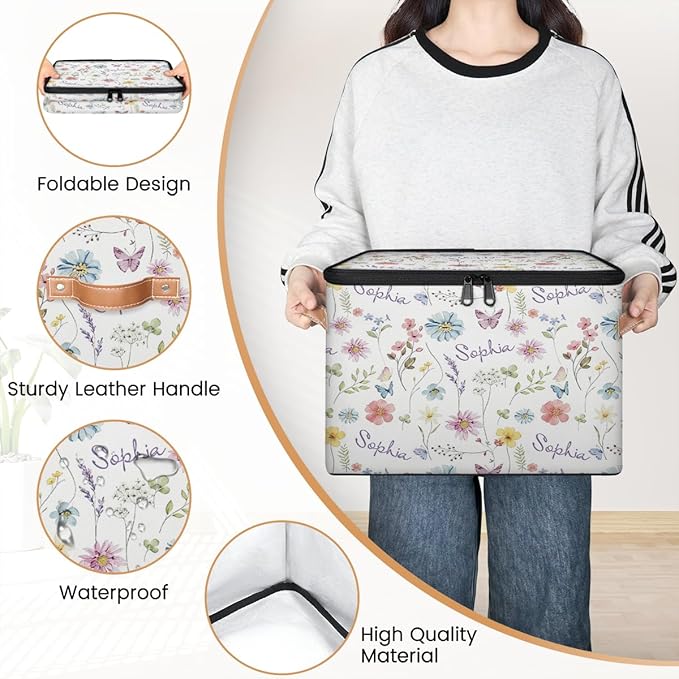 Custom Watercolor Flower Storage Bins with Lid, Foldable Personalized Storage Basket Boxes with Handle Shelf Basket Closet Organizer Cube