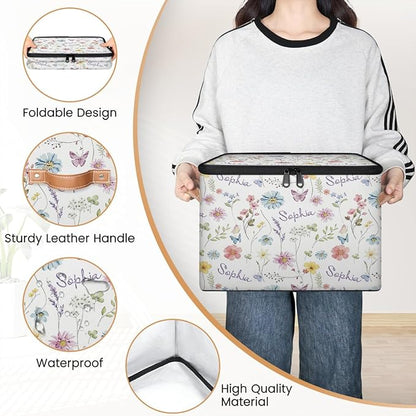 Custom Watercolor Flower Storage Bins with Lid, Foldable Personalized Storage Basket Boxes with Handle Shelf Basket Closet Organizer Cube