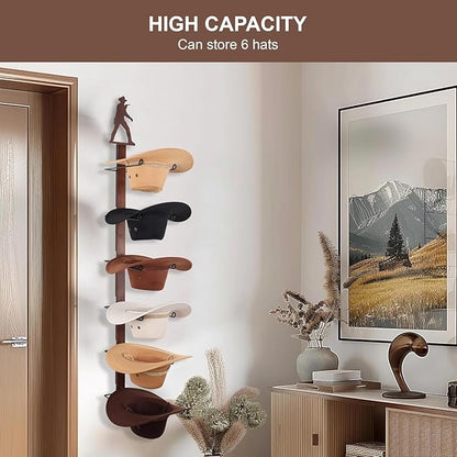 Cowboy Hat Rack Holder for Wall - Wild Western Style Design Hat Organizer with 6 Hat Hooks for Wall Mount, Hat Stand and Hanger for Storage and Organization，Gifts for Men Fathers Dad