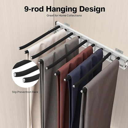 Pull Out Trousers Rack 9 Arms Closet Pants Hanger Bar Stainless Steel Rail Extendable Trousers Hanger for Clothes Towel Scarf Tie, 18.11x12.83in (Left Installation)