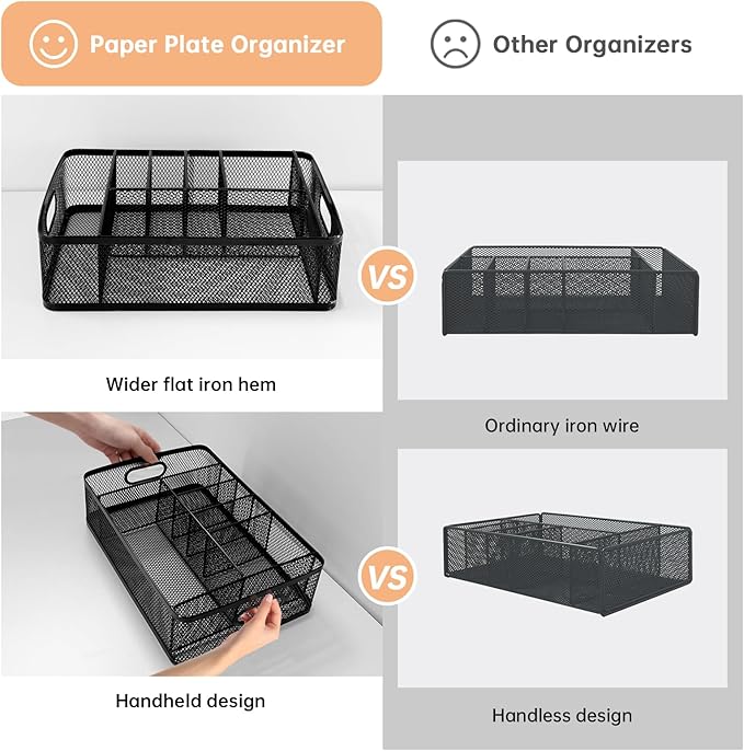 Paper Plate Organizer and Utensil Caddy for Countertop with Handle, 6-Compartment Paper Plate Holder and Silverware Tray for Cups, Forks, Spoons, Napkins - Ideal for Party, Camping, Picnic