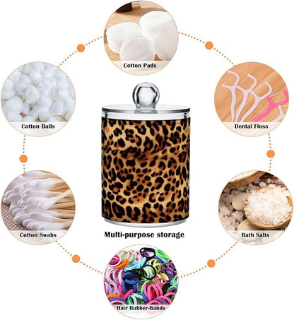 Kigai Leopard Print Qtip Holder - 14OZ Clear Plastic Apothecary Jars Bathroom Canister Dispenser Organizer Vanity Storage Jar with Lid for Cotton Ball, Cotton Swab, Floss (4PACK)
