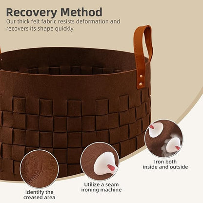 BOLDMONKEY Laundry Basket 20" x20 " x11.8 ", Large Felt Fabric Blanket Basket with Leather Handle, Dirt Clothes Laundry Hamper Round for Babies, Dogs and Living Room-Brown