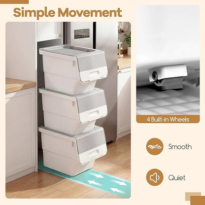 Giantex Plastic Stackable Storage Bins with Lids & Wheels, 3 Pack Open Front Stacking Bins, Organizer Bins for Pantry, Kitchen, Laundry, Closet, Playroom, Bedroom Organization (35 QT)