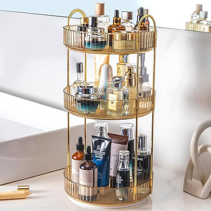 Rotating Makeup Organizer Countertop 3 Tier Lazy Susan Trays Clear Skincare Perfume Storage for Bathroom Counter Vanity, Amber Gold