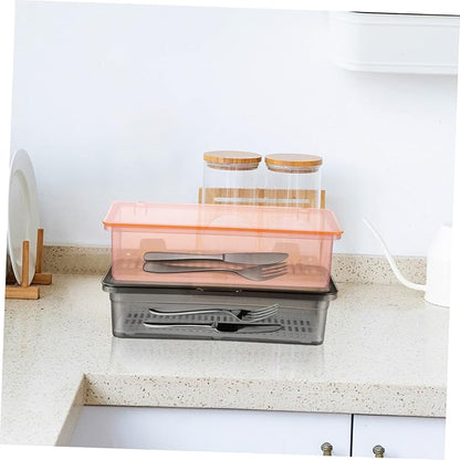 DOITOOL Spoon Organizer 2 Pcs Flatware Tray with Lid and Drainer- Black and Pink Transparent Plastic Silverware Holder- proof Silverware Tray for Drawer for Home Kitchen Accessories
