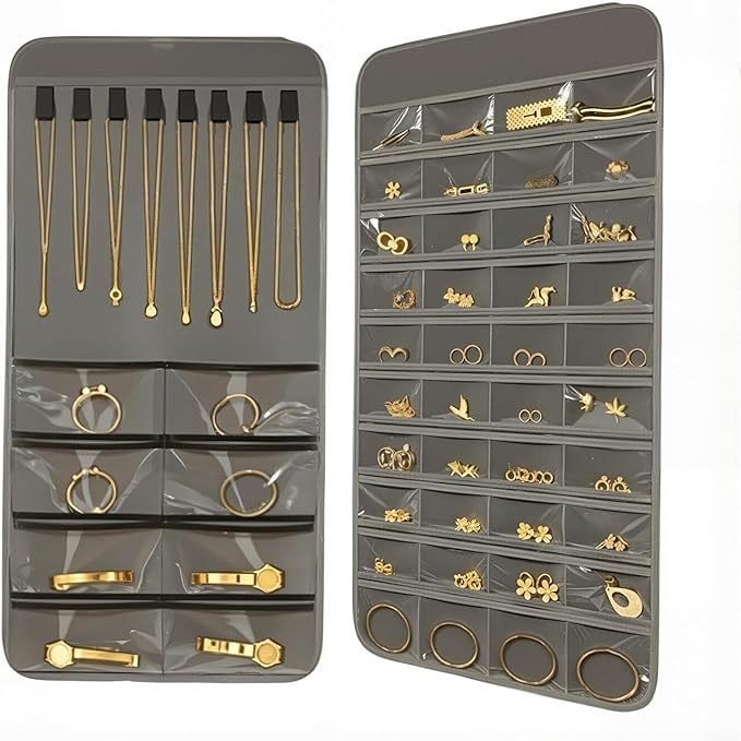 2 Pack Dual-Sided Hanging Jewelry Organizer with 128 Pockets & 8 Necklace Hooks, Wall Closet Door Jewelry Holder for Earrings, Bracelets, Necklaces Display Storage