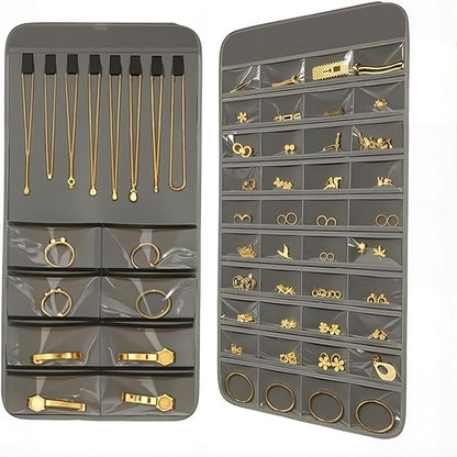 2 Pack Dual-Sided Hanging Jewelry Organizer with 128 Pockets & 8 Necklace Hooks, Wall Closet Door Jewelry Holder for Earrings, Bracelets, Necklaces Display Storage