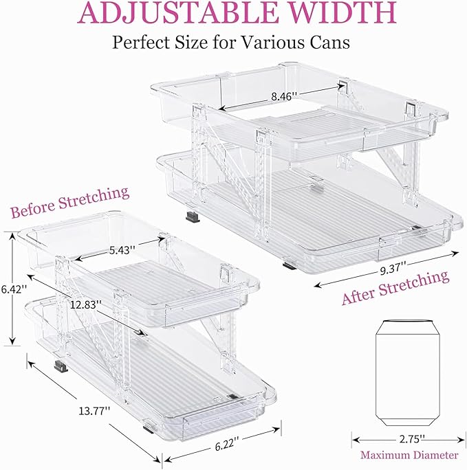 HYGRAD BUILT TO SURVIVE Clear Expandable Soda Can Organizer For Pantry, 13.77” D x 9. 37” W x 6.41” H Stackable Beverage Pop Can Holder Dispenser For Refrigerator, Kitchen Storage Holds 10 Cans