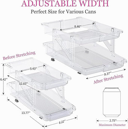 HYGRAD BUILT TO SURVIVE Clear Expandable Soda Can Organizer For Pantry, 13.77” D x 9. 37” W x 6.41” H Stackable Beverage Pop Can Holder Dispenser For Refrigerator, Kitchen Storage Holds 10 Cans