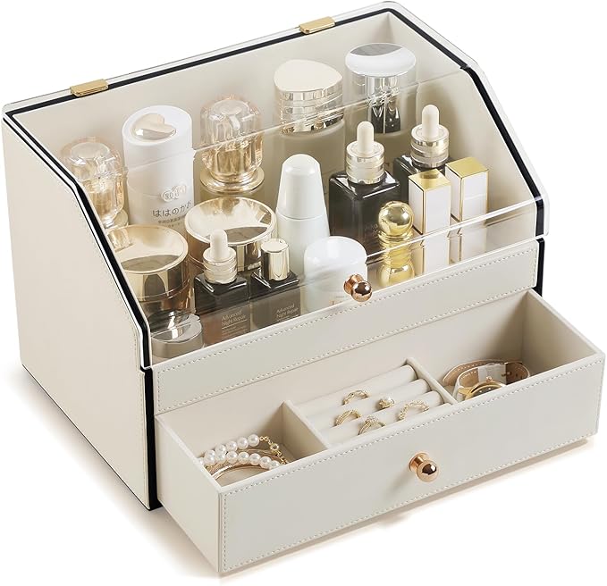 Leather Makeup Organizer & Skincare Storage Rack - Cosmetic Display Case with Dustproof Transparent Cover, Drawer Jewelry Storage, for Bedroom Vanity, Perfume & Lipstick Organizer - White