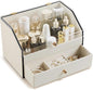 Leather Makeup Organizer & Skincare Storage Rack - Cosmetic Display Case with Dustproof Transparent Cover, Drawer Jewelry Storage, for Bedroom Vanity, Perfume & Lipstick Organizer - White