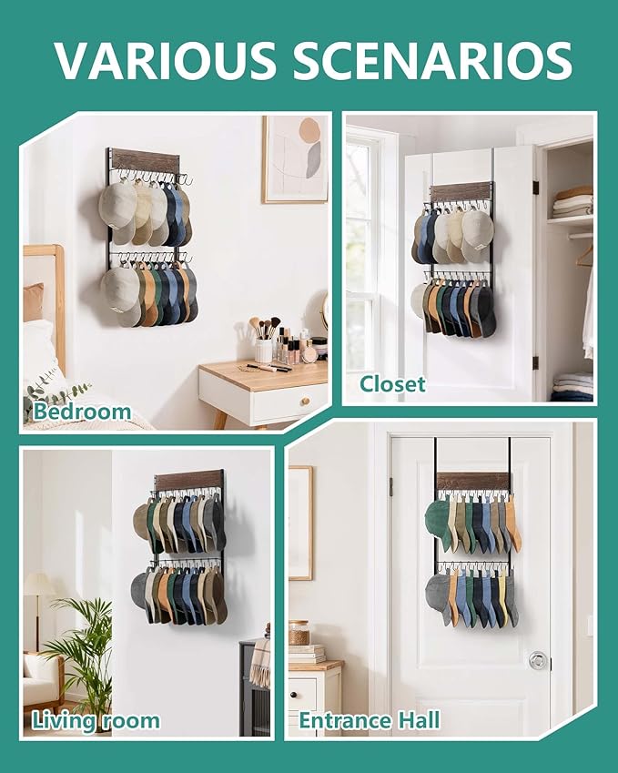 FANGSUN 2-Tier Over the Door Hat Rack with 20 Movable Hooks – Wall Mounted Hat Organizer for Baseball Cap Storage, Cap Holder Gifts for Men Dad, Christmas Presents