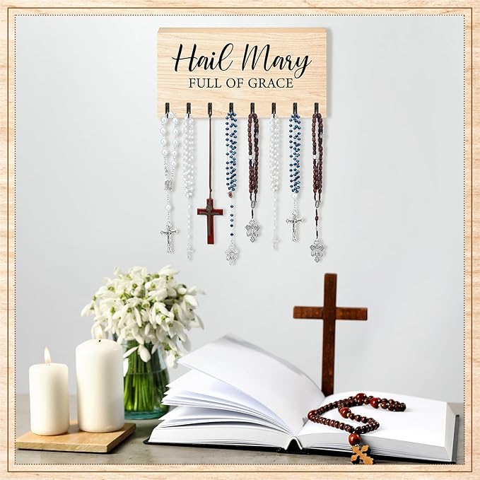 Colingmill Large Wooden Rosary Holder Wall Mounted with 8 Hangers Catholic Rosary Storage Organizer Decorative Hanger Holder for Necklace, Bracelet Prayer Storage (Natural)