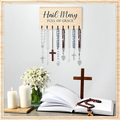Colingmill Large Wooden Rosary Holder Wall Mounted with 8 Hangers Catholic Rosary Storage Organizer Decorative Hanger Holder for Necklace, Bracelet Prayer Storage (Natural)