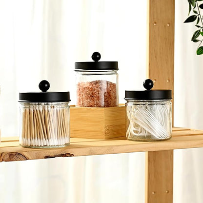 SheeChung Bathroom Organizers and Storage - 4Pack Qtip Holders Bathroom Canister Apothecary Jars for Cotton Swabs, Rounds, Balls, Qtips,Makeup Sponges, Flossers,Bath Salts - Black