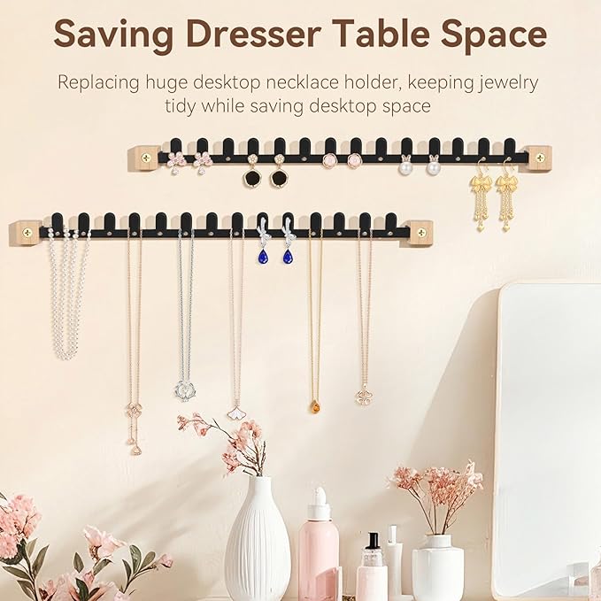Wall Necklace Holder Hanging Jewelry Organizer 2 Pack Metal Necklace Organizer, Space-saving Jewelry Display for Necklaces & Earrings, Screws Included, Black