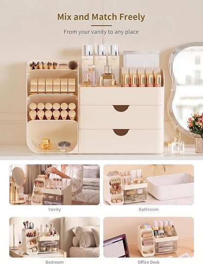 Booklov Makeup Organizer for Vanity, Countertop Cosmetic Display Case with Drawer, Bathroom Counter Beauty Caddy, Comfyroom Table Storage Holder for Skincare, Brush Eyeliner Eyeshadow Lipsticks, Creem